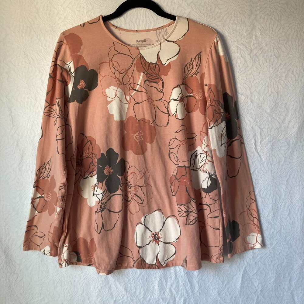 PURE JILL Pima Stretch Cotton Shirttail Long Sleeve Tee Pink Floral Size L